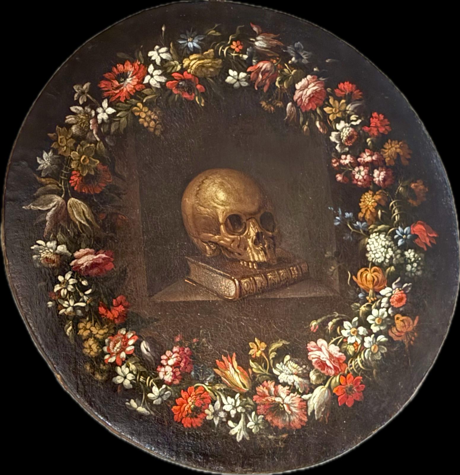 Vanitas con teschio e ghirlanda di fiori sec. XVII